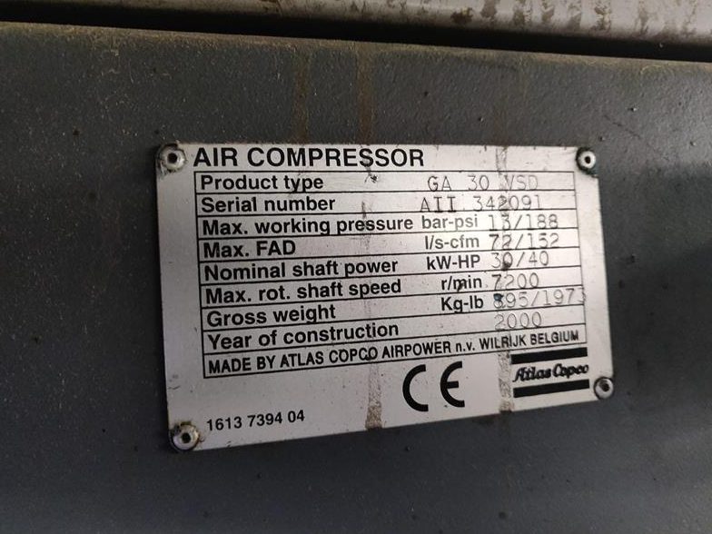 Used 2000 Atlas Copco GA 30 VSD Rotary Screw Air Compressor, 152 CFM